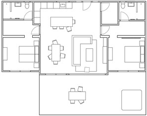Ein Hotelgrundriss mit mehreren Zimmern, einem zentralen Speisebereich und einer kleinen Küche.