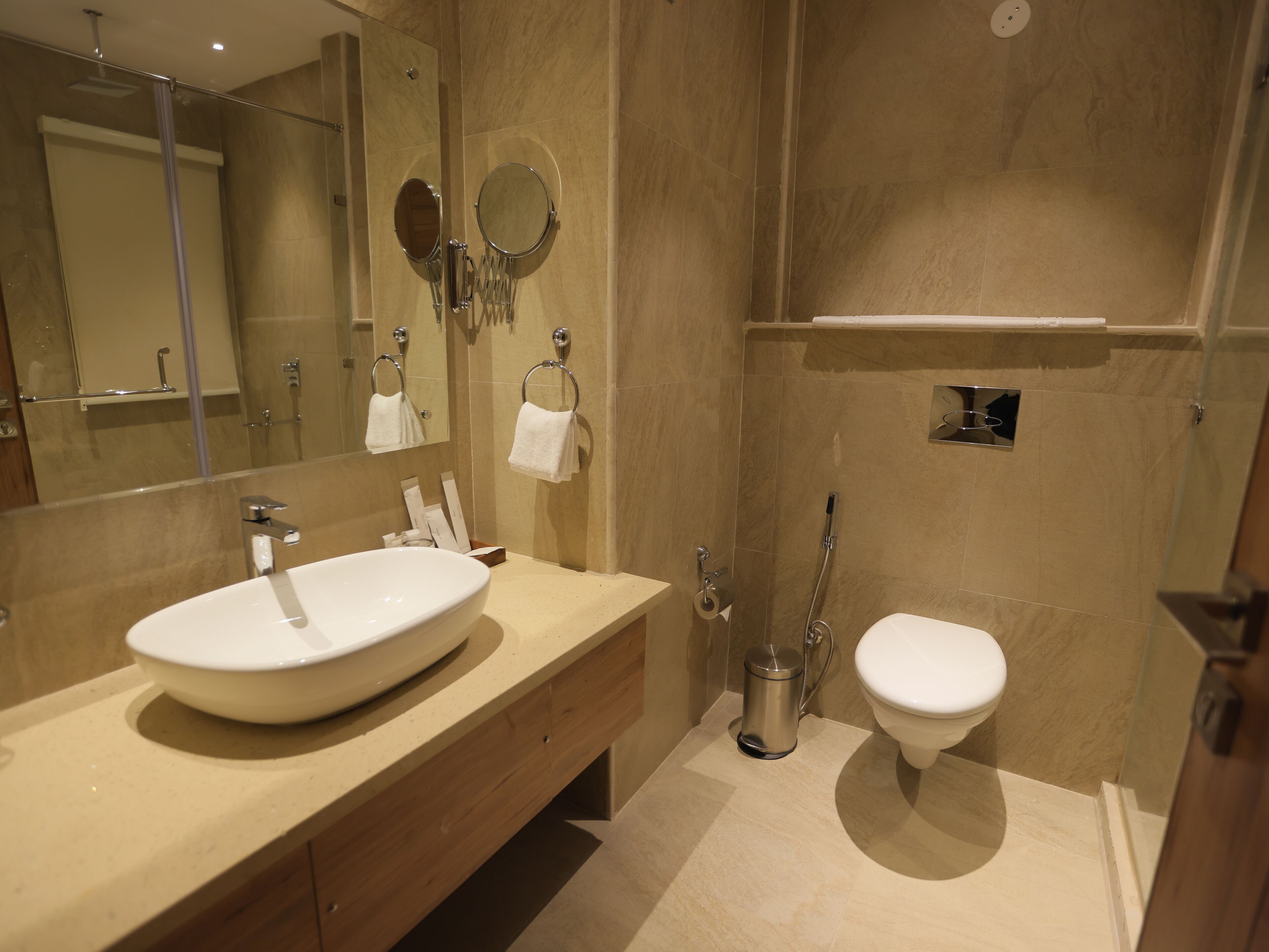 A modern bathroom with a large sink, a toilet, and a shower area.