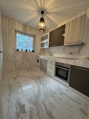 Fridge, oven, stovetop, electric kettle