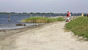 Ein Feldweg entlang eines Gewässers, mit einem Holzzaun und einer Rasenfläche.