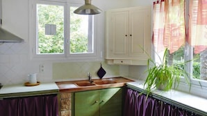 Una cocina con ventana, un lavabo, armarios y una planta.