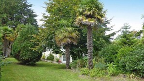 Un jardín exuberante con varios árboles y arbustos, un césped cuidado y un sendero que conduce a un edificio.
