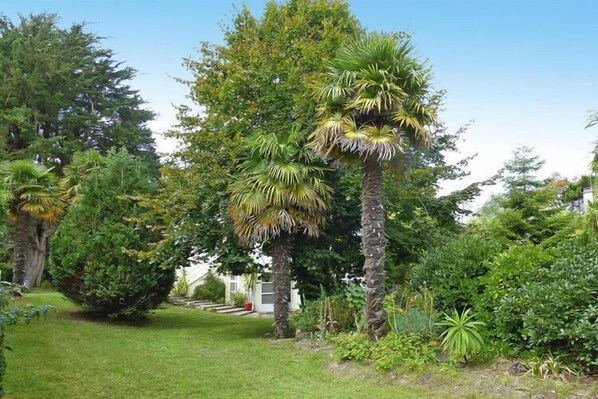 A lush garden with various trees and shrubs, a well-maintained lawn, and a pathway leading to a building.