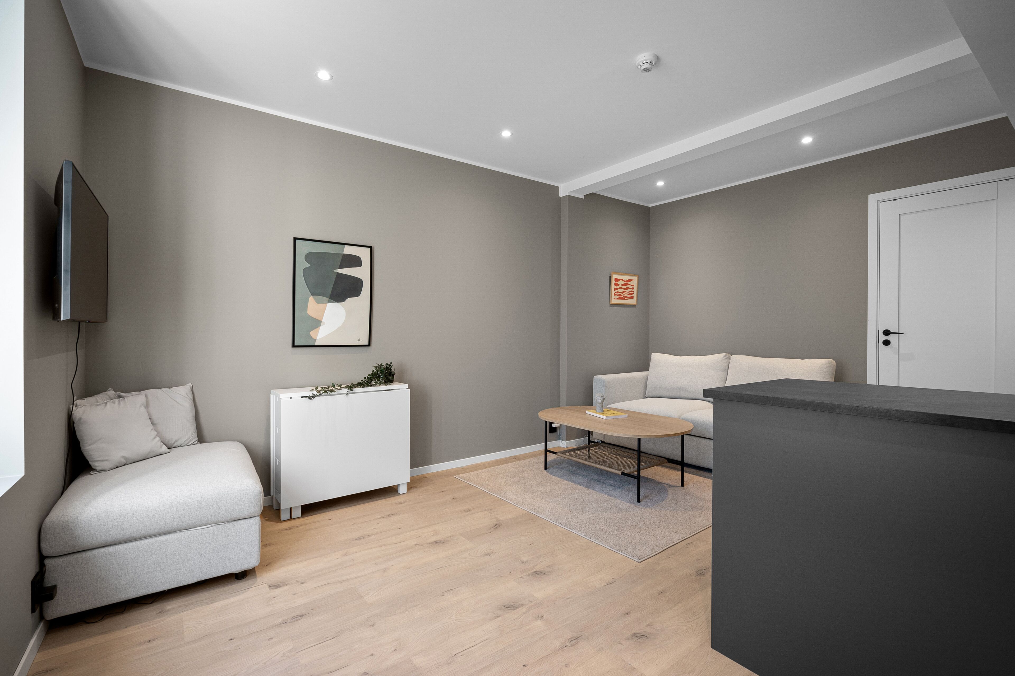 A modern living room with a sofa, a coffee table, and a white radiator.