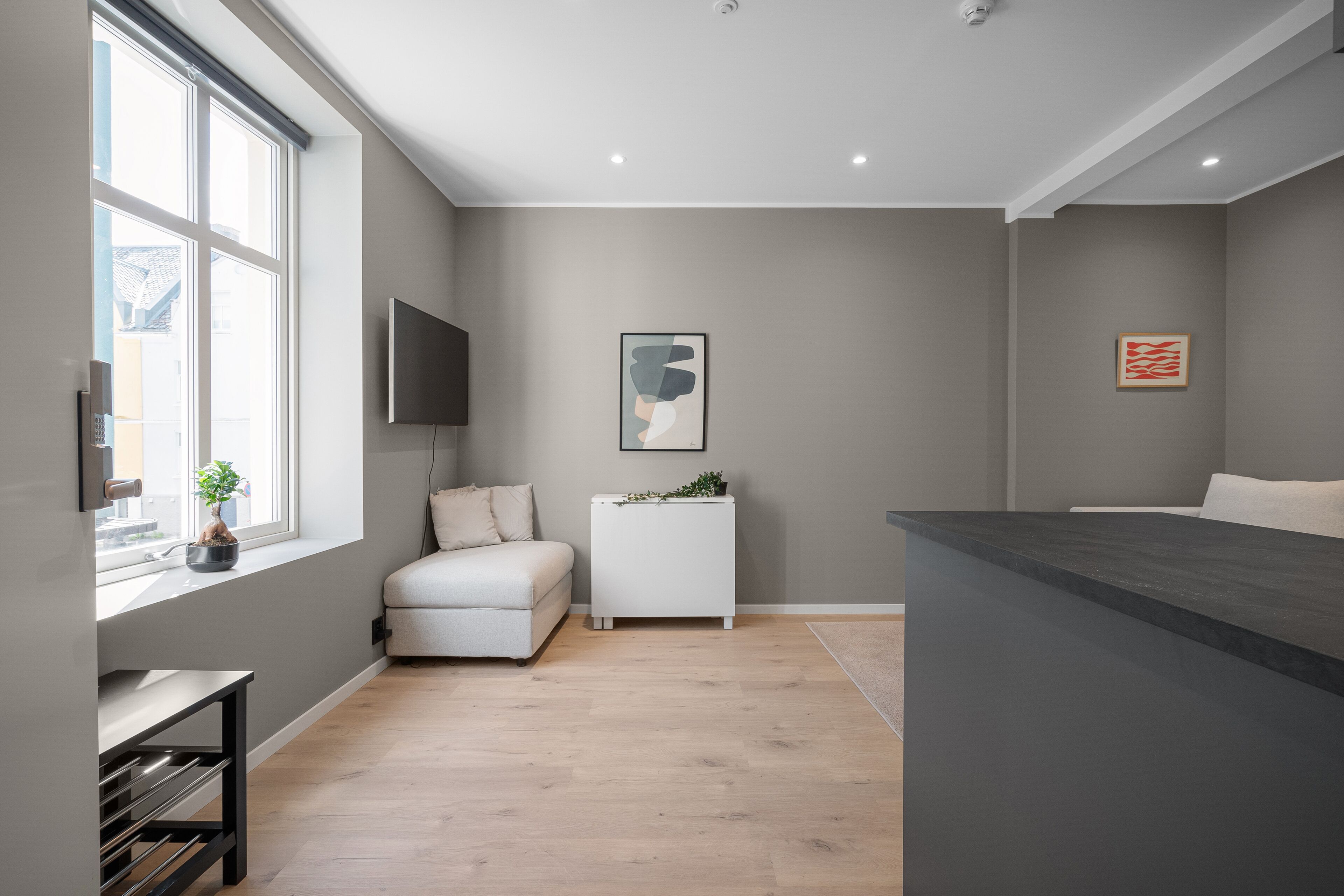 A modern room with a sofa, a small white side table with a plant, a large window, and a flat-screen TV mounted on the wall.