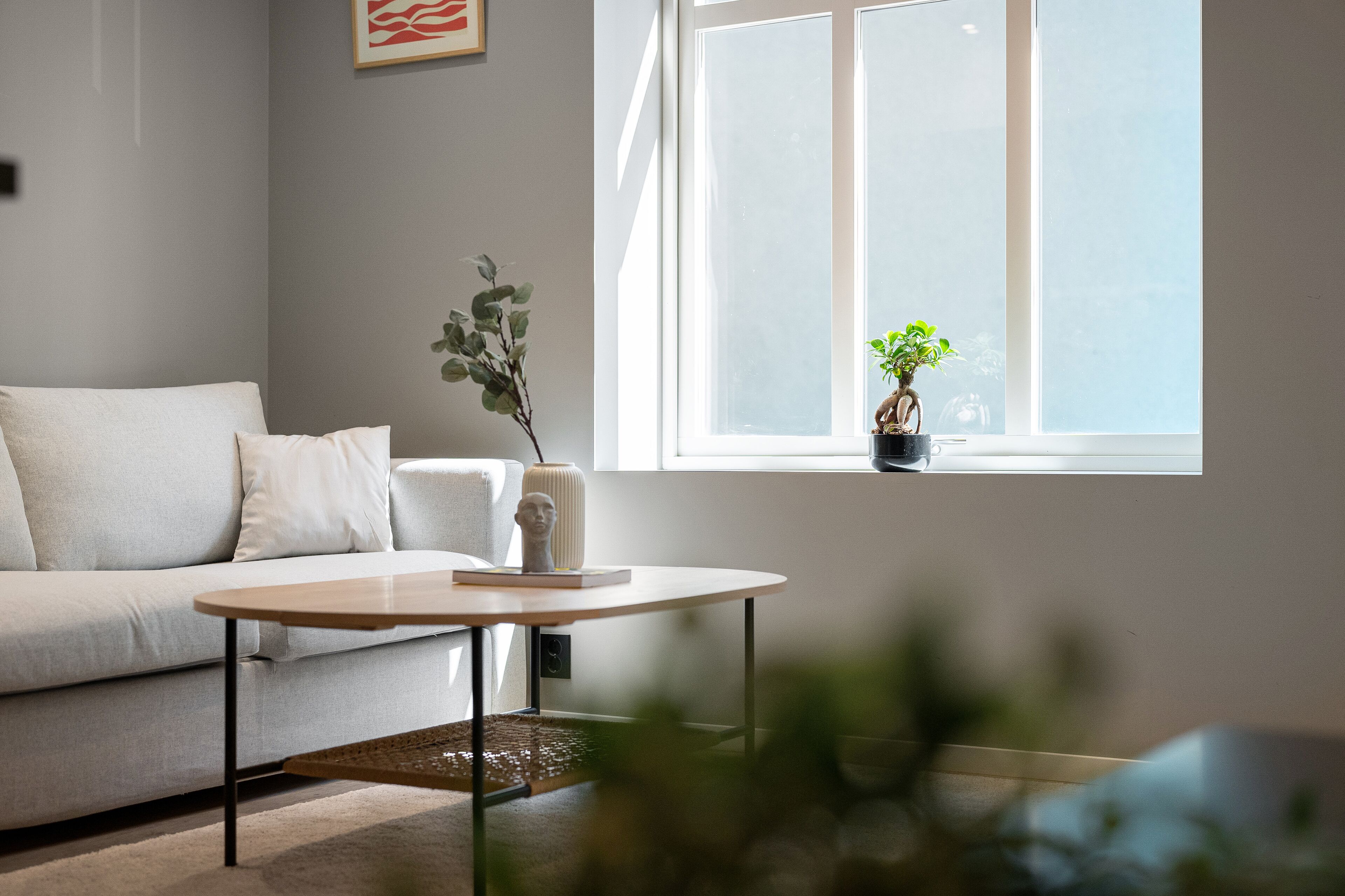A modern living room with a white sofa, a round coffee table, and a potted plant by a large window.