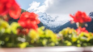 Un paisaje montañoso con picos nevados y cielo despejado.