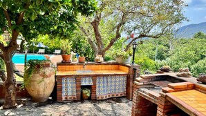 Een buitenkeuken met een bakstenen barbecue, omringd door potplanten en een grote plantenbak.