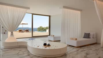 Outdoor treatment areas, sauna, hot tub, steam room, body treatments