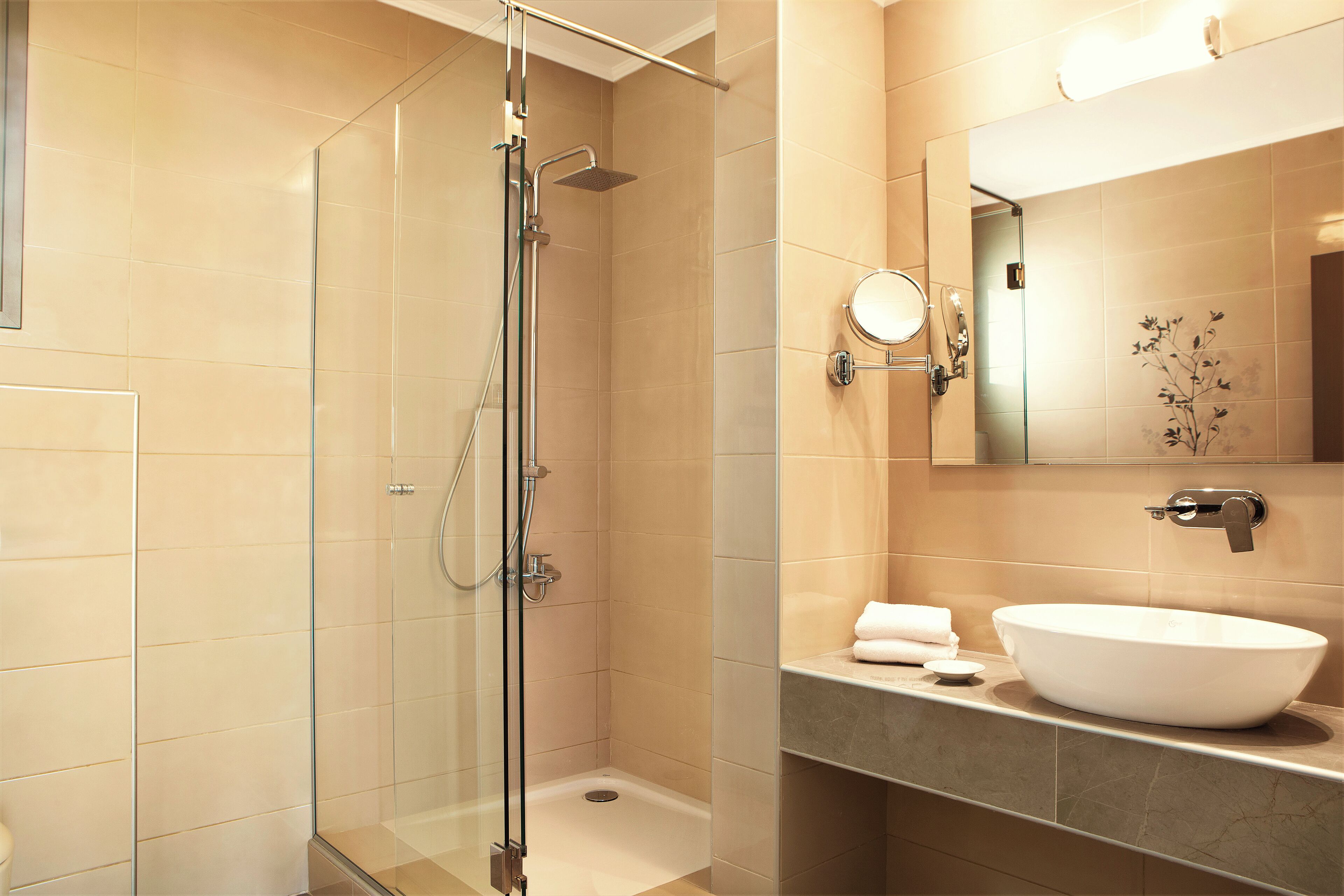 A modern bathroom with a glass-enclosed shower, a large vessel sink, and a mirror with a decorative plant.