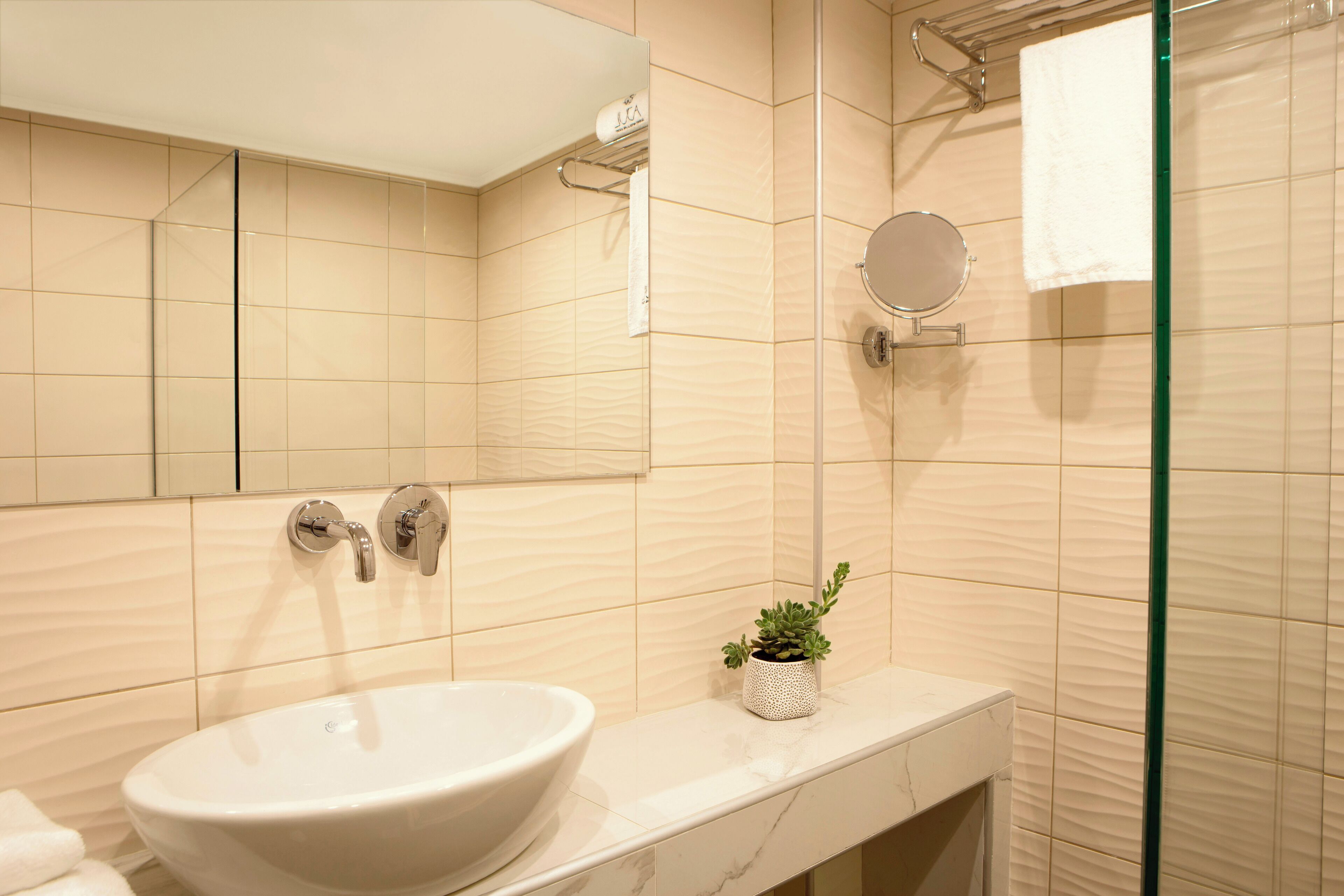 A modern bathroom with a large sink, a mirror, and a shower area.