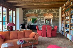 Smart TV, caminetto, lettore DVD, libri