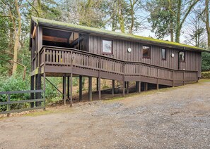 A wooden cabin with a deck, a porch, and a window overlooking a forested area.