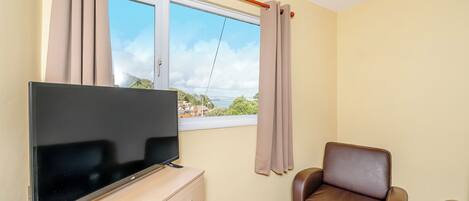Ein Zimmer mit Fernseher auf einer Holzkommode, einem braunen Ledersessel, einem Fenster mit Vorhängen und Blick auf Gebäude und Grünflächen.