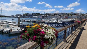 A marina with boats docked, a wooden walkway with flower boxes, and buildings in the background.