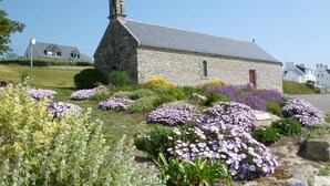 A stone church with a bell tower, surrounded by a garden with purple and yellow flowers.