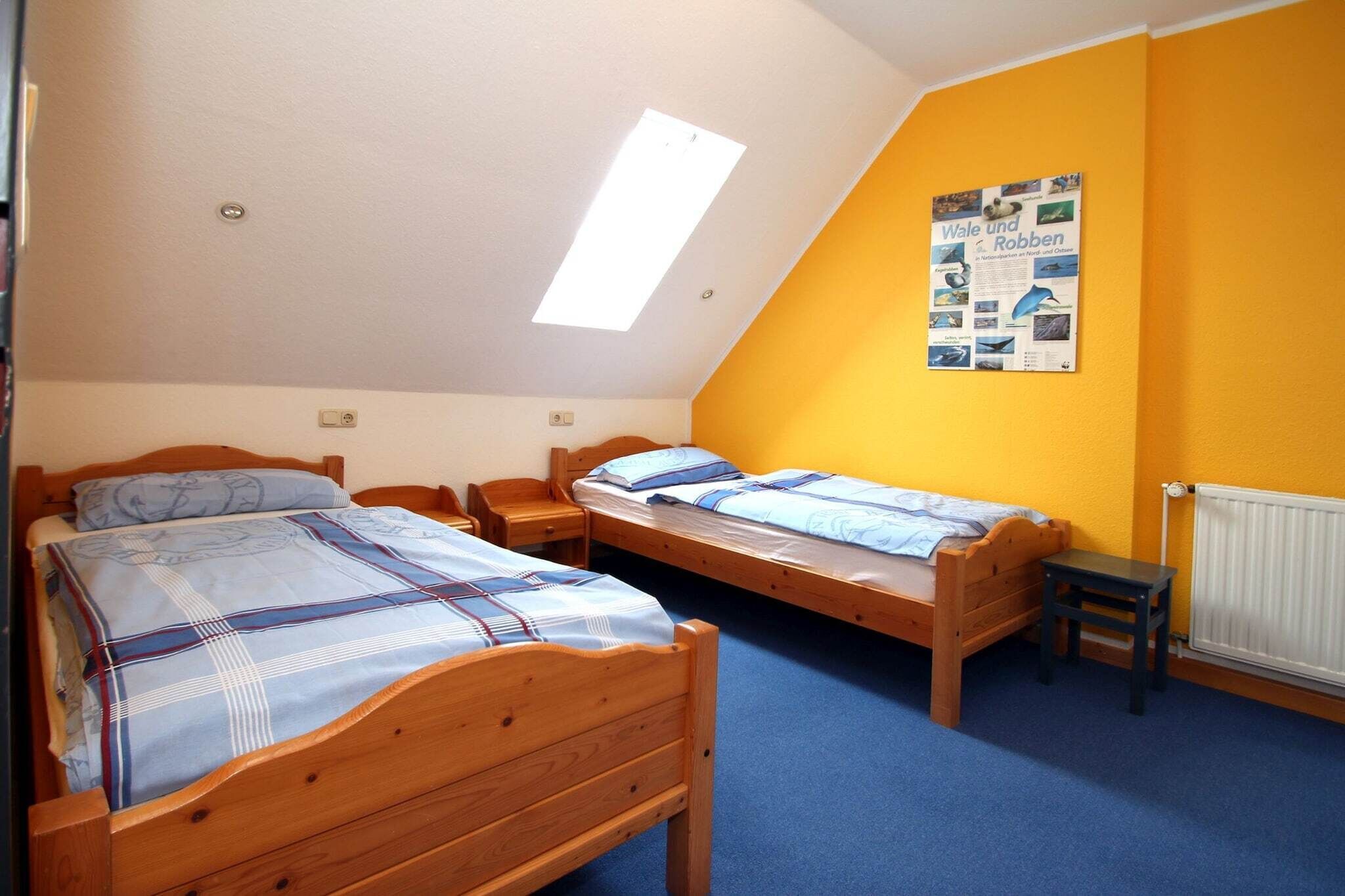 Ein Schlafsaalzimmer mit zwei Holzbetten, einem Oberlicht, einem Poster an der Wand und einer Heizung.