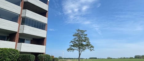 Un bâtiment moderne doté de nombreux balcons, un espace verdoyant avec un arbre et une rivière en arrière-plan.