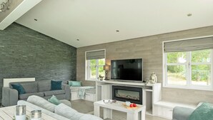 Een moderne woonkamer met een grijze bank, een flatscreen televisie en een open haard.