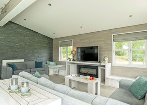 Una sala de estar moderna con un sofá gris, un televisor de pantalla plana y una chimenea.