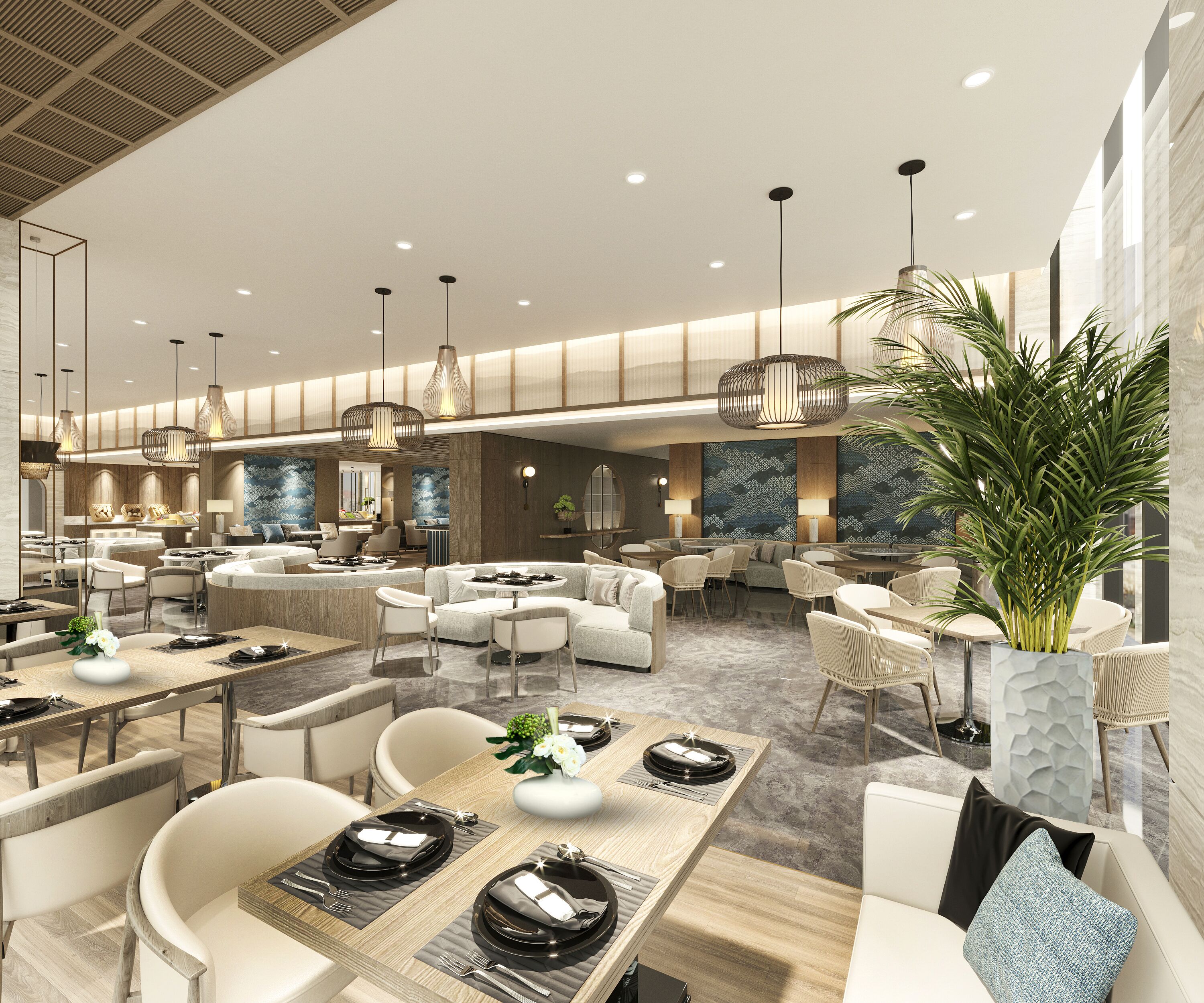 A spacious hotel lobby with multiple seating areas, including a dining area with tables set for a meal.