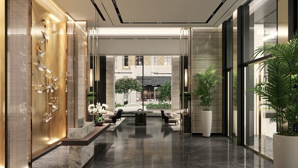 A modern lobby with a marble floor, a reception desk, seating area, and large windows offering a view of the street.