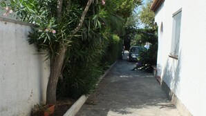 A narrow stone-paved alleyway with a white building on one side and a tree with pink flowers on the other.