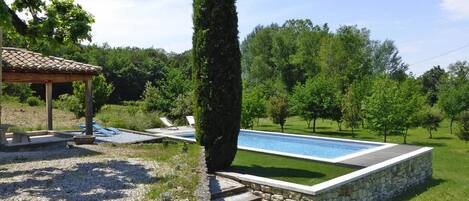 A swimming pool with a stone border, a tall conical hedge, and a pergola with a tiled roof.