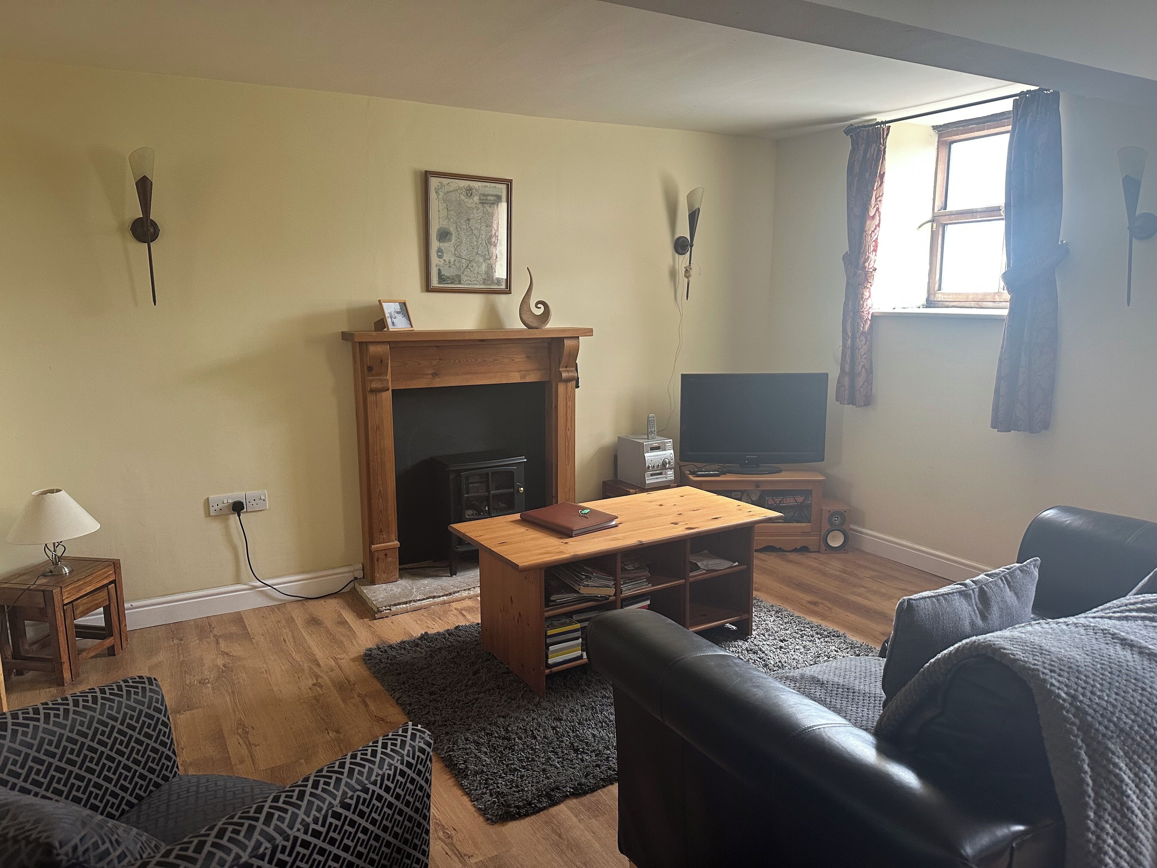 TV, fireplace, DVD player, books
