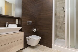Shower, hair dryer, towels, shampoo