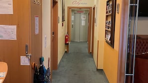 A hotel hallway with a red carpet, wooden doors, a fire extinguisher, and a sign for the City Hotel.