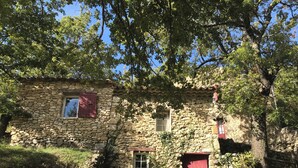 A rustic stone building with a red door and window shutters, surrounded by greenery and trees.