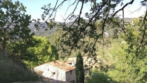 A stone staircase leading up to a rustic building with a sloped roof, surrounded by greenery and trees.