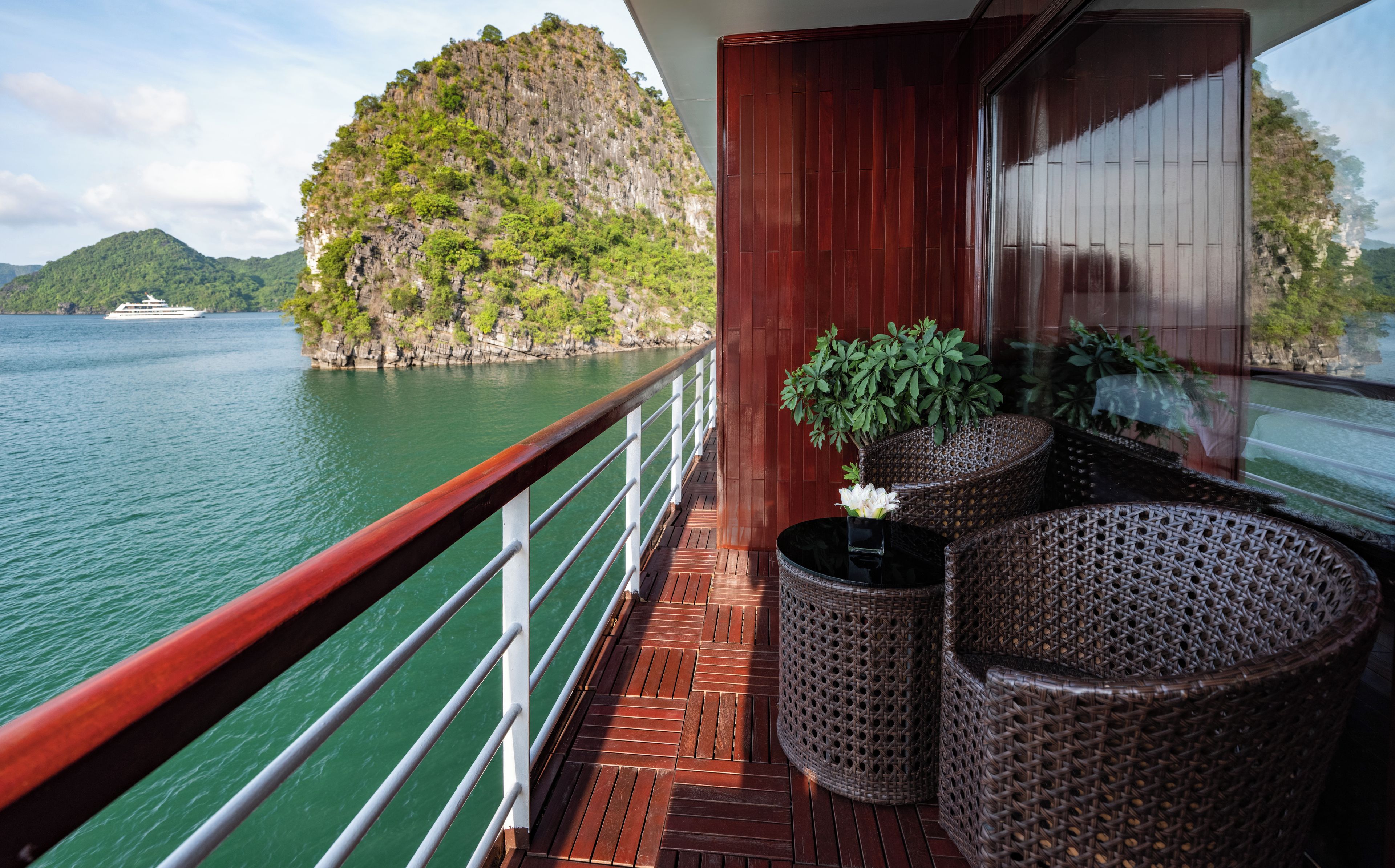 A balcony with wicker furniture, a potted plant, and a view of a cruise ship and a green island.