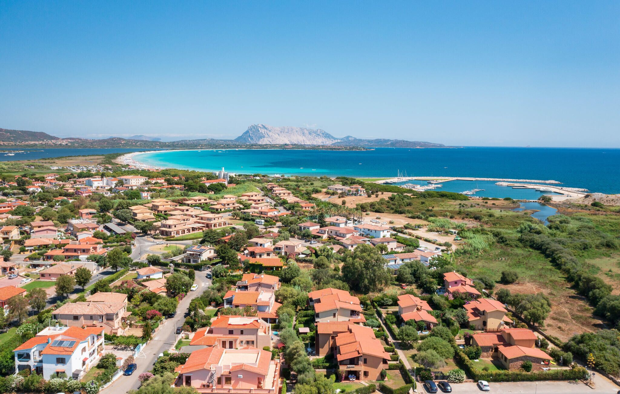 A coastal residential area with houses, a marina, and a mountain in the background.