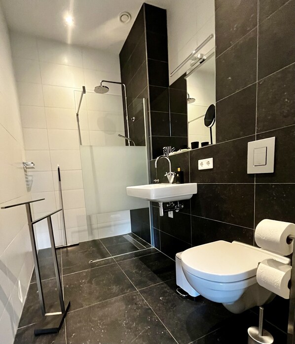 A modern bathroom with a glass shower enclosure, a white sink, and a toilet. - B&B / Art gallery with terras / garden In the historic center of Dordrecht (Dordrecht)