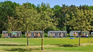 Une rangée de maisons mobiles, avec un champ verdoyant et des arbres en arrière-plan.