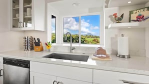 Una cocina moderna con lavavajillas, un lavamanos y una ventana con vistas a un paisaje tropical.