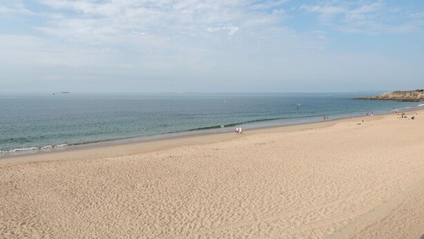 Une vaste plage de sable fin, avec des vagues douces, un ciel dégagé et une côte lointaine.