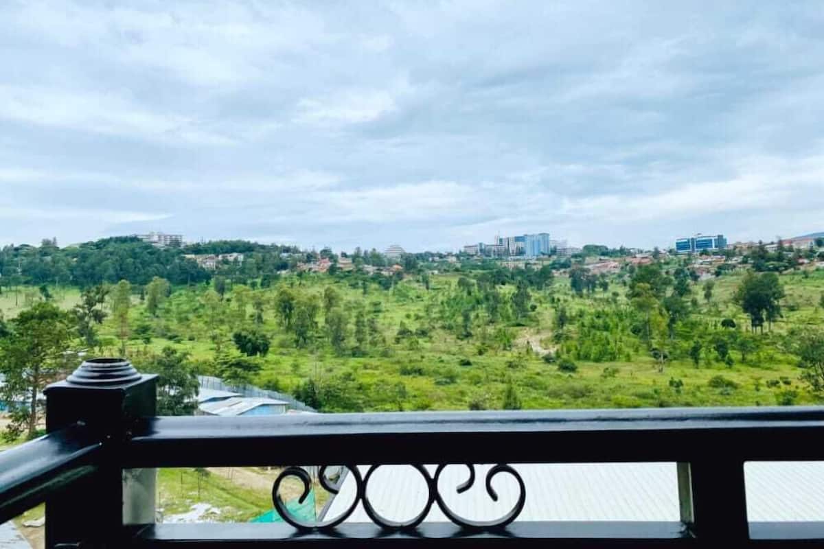 A view from a balcony with a railing, overlooking a green landscape with trees and buildings in the distance.