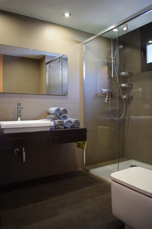 Dusj, hårføner, håndklær og såpe