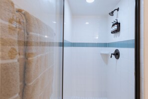 Shower, towels, soap, shampoo