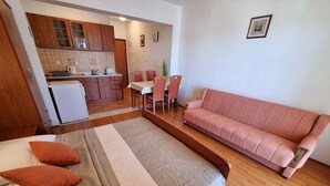 Un dormitori amb un llit, un sofà i una cuineta al fons.