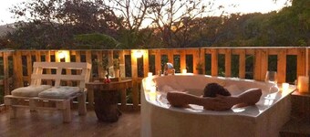 Cabin surrounded by nature at ground level with terrace