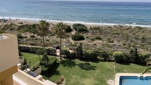 Udsigt over stranden fra en balkon med pool, strand og grøn bevoksning.