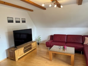 TV connectée, lecteur de DVD, livres, chaîne hi-fi