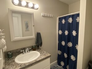 A bathroom with a white sink, a mirror, and a blue shower curtain with a floral pattern. - Crowd favorite! Clean and peaceful stay! (Ocala)