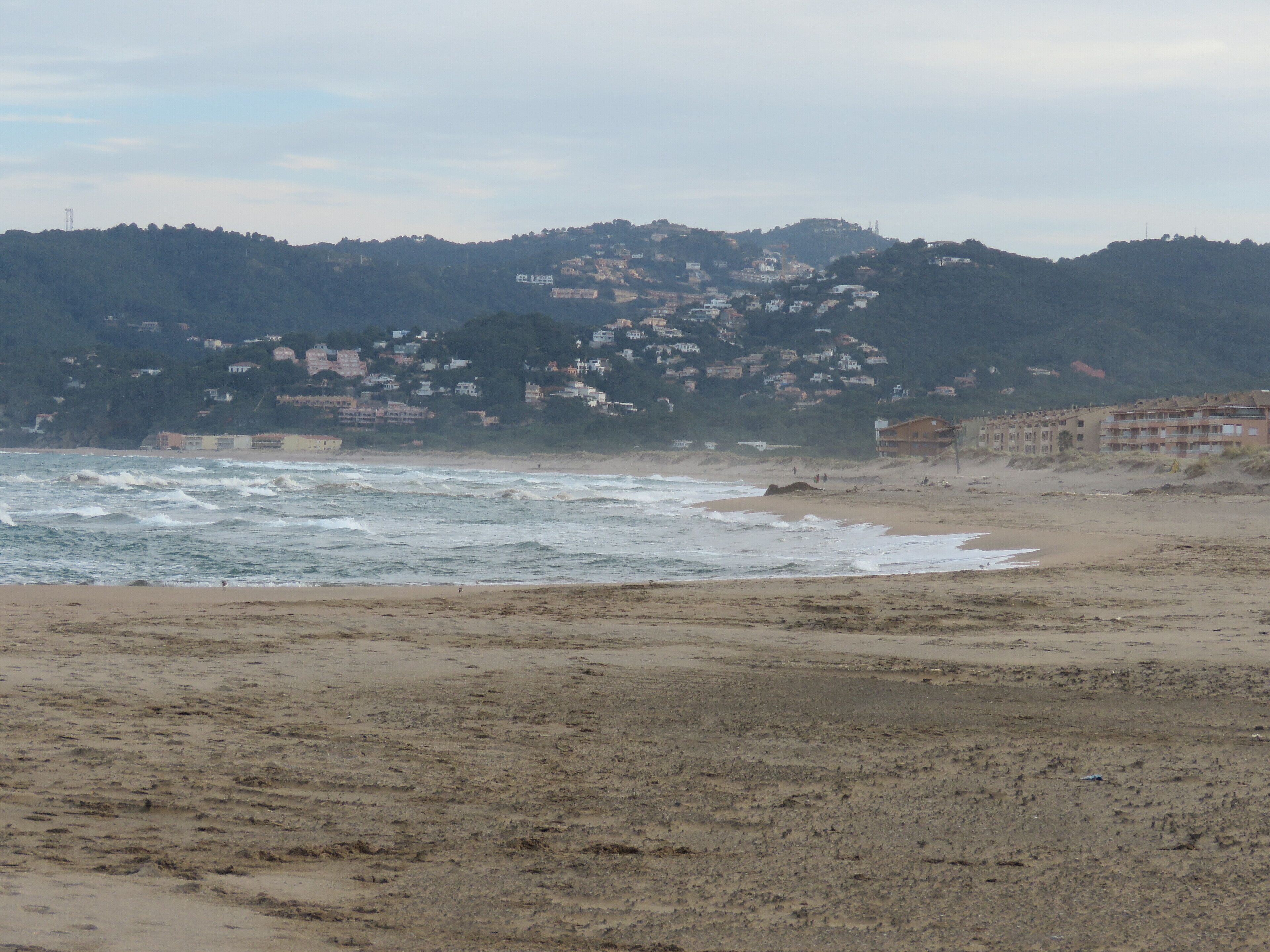 A beach with waves, a sandy shore, and buildings in the background.