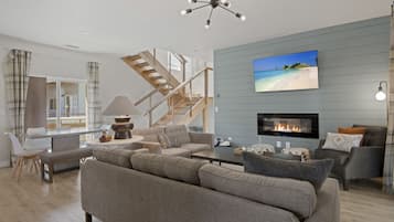 TV, fireplace, foosball, computer monitors