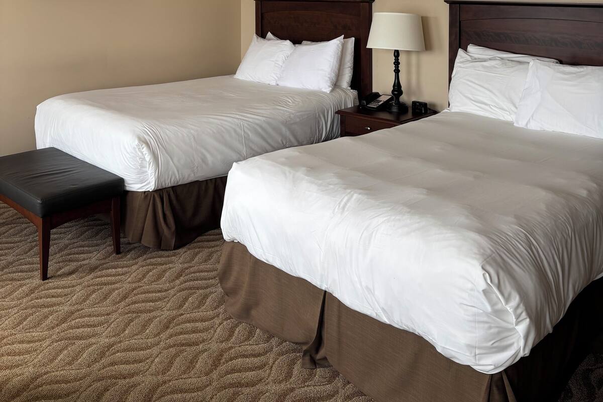 A hotel room with two beds, a bench, a nightstand with a lamp, and a framed picture on the wall.